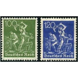 allemagne, rép. de weimar 1921, très beaux timbres neufs** luxe yvert n° 147 et 148 - mineurs au travail. 100 pf. vert olive et 120pf. bleu, -