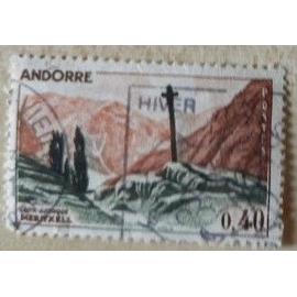 Timbre Oblitéré Andorre, Meritxell, Croix Gothique, Illustration de Matelin. 0,40 franc.