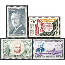 France 1962, très beaux timbres neufs** luxe yvert 1328 pierre fidèle bretonneau, 1329 pascal, 1334 journée mondiale du théatre et 1343 maurice bourdet.