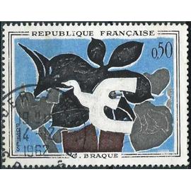 france 1961, beau timbre yvert 1319, tableau "le messager" par georges braque, oblitéré, TBE