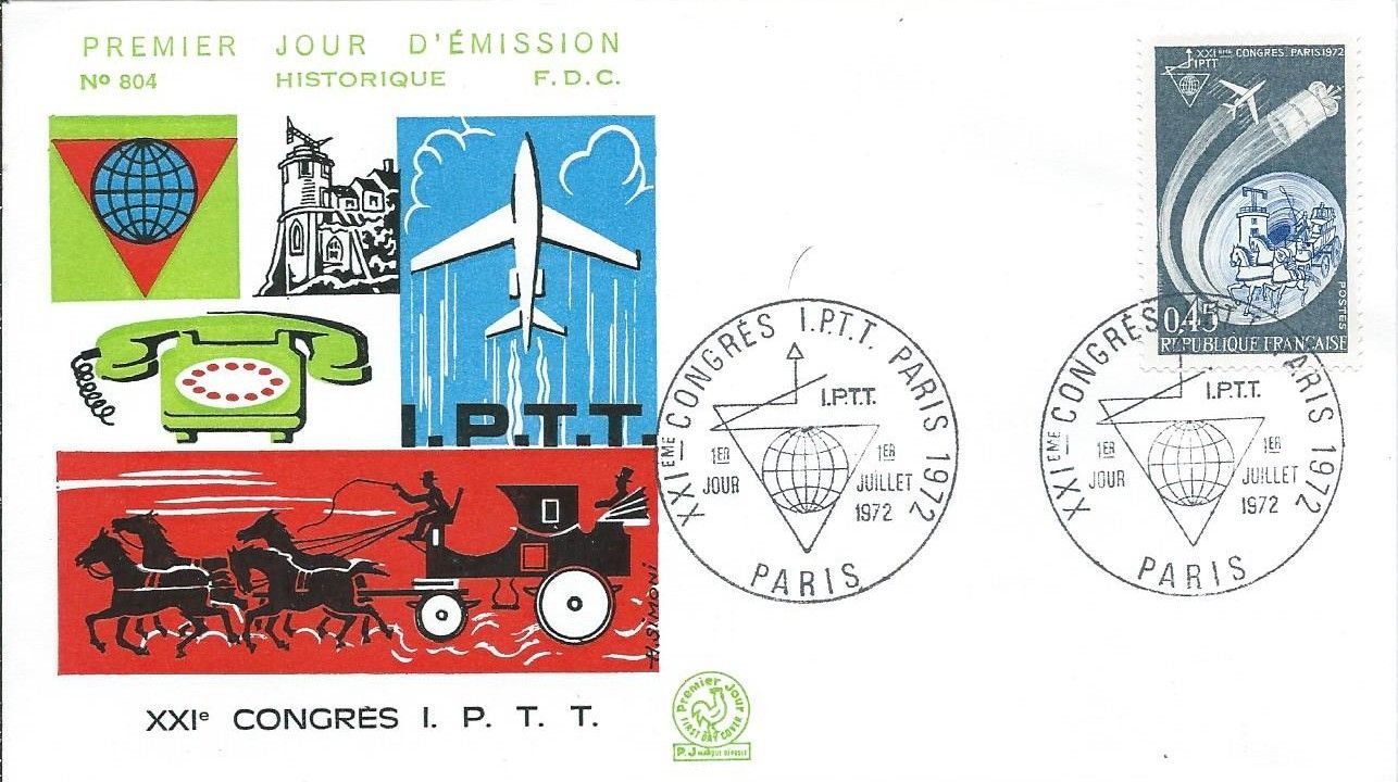 france 1972, très belle enveloppe 1er jour FDC 804, timbre yvert 1721, 21ème congrès international des PTT, cachet de paris.