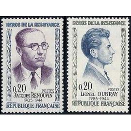 France 1961, série héros de la résistance, très beaux timbres Neufs** Luxe yvert 1288, jacques renouvin et 1289, Lionel Dubray.
