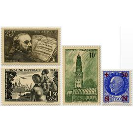 france 1942, très beaux timbres neufs**/* yvert 542 emmanuel chabrier, 543 quinzaine impériale, 552 pétain avec surcharge pour le secours national et 567 beffroi d