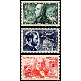 france 1955, beaux timbres neufs** / * série inventeurs, yvert 1014 Nicolas Appert (conserves), 1015 Sainte-Claire Deville (aluminium) et L-M-H de Bernigaud, comte de chardonnet (soie artificielle).