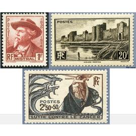 france 1941, beaux timbres yvert 495 Frédéric Mistral, 496 lutte contre le cancer et 501 remparts d