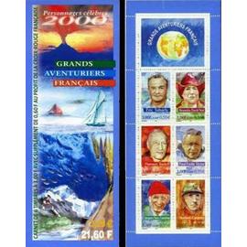 france 2000, très belle bande carnet grands aventuriers, yvert 3348, timbres 3342 tabarly 3343 alexandra david-neel, 3344 tazieff, 3345 paul émile victor, 3346 cousteau, 3347 casteret, neuf** luxe