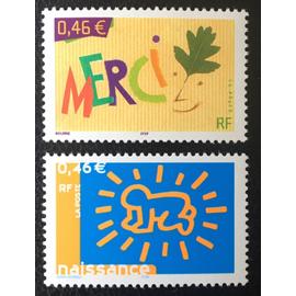 timbre de message"merci" et timbre pour naissances la paire année 2003 n° 3540 3541 yvert et tellier luxe