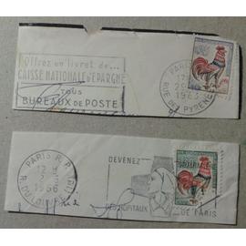 2 Timbres France 1962 1965 Yvert et Tellier n°1331 1331A Coq Décaris Oblitérés "Offrez un livret de Caisse Nationale d