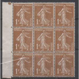 France 1932/1937 Timbre N° 277A, type semeuse fond plein. Bloc de 9 timbres
