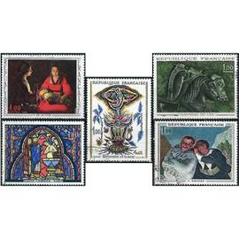 france 1966, beaux timbres yvert 1478 "le cratère de Vix" 1479 G. De La Tour "le nouveau né", 1492 vitrail de la sainte chapelle, 1493 tapisserie de lurçat 1494 crispin et scapin par daumier, obl. TBE