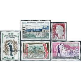 france 1960, beaux timbres yvert 1253 année des réfugiés, 1254 école normale de strasbourg, 1255 chateau de blis, 1256 la bourboule, 1263 marianne de decaris, oblitérés, TBE