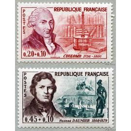 france 1961, beaux timbres yvert 1297 et 1299, charles coulomb, physicien et honoré daumier, artiste graveur, neufs*