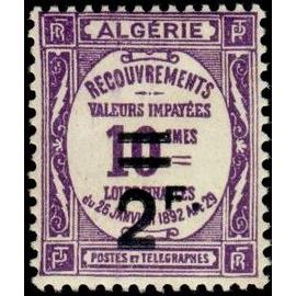 algérie, colonie française 1926 / 1932, très beau timbre neuf** luxe taxes - recouvrement valeurs impayées, 10c. violet surchargé "2F".