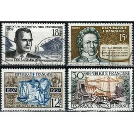 france 1957, beaux timbres yvert 1107 cour des comptes, 1114 travaux publics, 1120 léo lagrange, 1139 thénard, oblitérés,