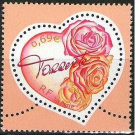 france 2003, très beau timbre nauf** luxe yvert 3539, pour la saint valentin, dites le avec des coeurs, par le couturier torrente.