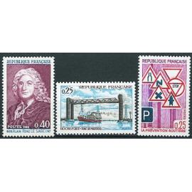 france 1968, très beaux timbres yvert 1548 prévention routière, 1558 alain rené lesage, et 1564 le pont de martrou à rochefort, neufs** luxe