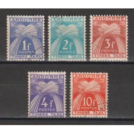 andorre français, 1946-1950, timbres-taxe, type gerbes, n°33 à 36 + 38, oblitérés.
