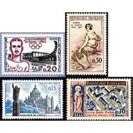 france 1960, très beaux timbres neufs** luxe yvert 1265 jeux olympiques de rome, 1268 basilique de lisieux, 1269 portrait de madame de staël et 1280 500 ans du collège sainte barbe à paris.