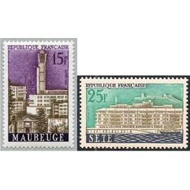 France 1958, très beaux timbres neufs - ville reconstruites après la guerre, yvert 1153 maubeuge et 1155 sète.