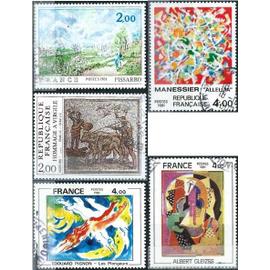 france 1981, beaux timbres séries artistiques, yvert 2136 pissaro, 2137 albert gleize, 2168 edouard pignon, 2169 alfred manessier et 2174 hommage à virgile, mosaïque, oblitérés, TBE