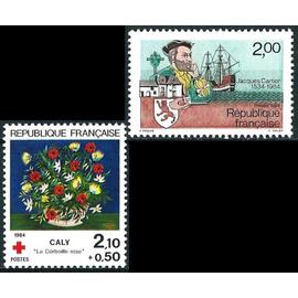 france 1984, très beaux timbres neufs** luxe yvert 2307 jacques cartier et 2345 au profit de la croix rouge, oeuvre de Cali - "la corbeille rose".