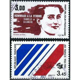 france 1983, beaux timbres yvert 2259 journée internationale, hommage à la femme et 2278 50ème anniversaire de la compagnie air-france, oblitérés, TBE
