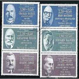 france 1987, série hommes célèbres, beaux timbres yvert 2454 C. richet, 2455 E.jammot, 2456 B. halpern, 2457 A. yersyn, 2458 J. rostand, 2459 J. monod, oblit. TBE -