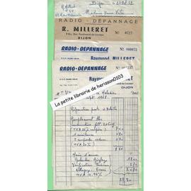 4 factures de raymond milleret 1958-1968, radio dépannage tsf, rue du 23 janvier et ferdinand de lesseps dijon (Côte d'or) à mme vitu rue la maladière