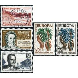 france 1957, beaux timbres yvert 1120 léo lagrange, 1122 et 1123 europa, 1124 bimillénaire de lyon, théatre antique de fourvière et 1139 L. J. Thénard, chimiste, oblitérés, TBE
