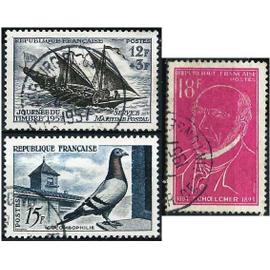 france 1957, beaux timbres yvert 1091 la colombophilie, 1092 victor schoelcher, 1093 journée du timbre, oblitérés, TBE