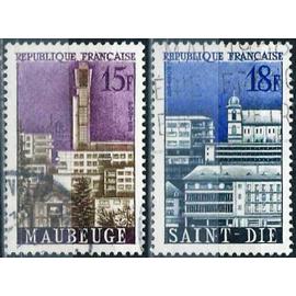 france 1958, beaux timbres yvert 1153 et 1154, villes reconstruites, maubeuge et saint-dié, oblitérés, TBE