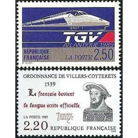 france 1989, très beaux timbres neufs** luxe yvert 2607 - le tgv atlantique, et 2609 ordonnance de villers cotteret émise en 1539 par françois 1er - le français devient langue écrite officielle.