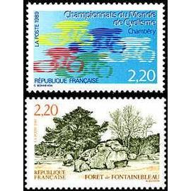 france 1989, très beaux timbres neufs** luxe yvert 2586 forêt de fontainebleau et 2590 championnats du monde de cyclisme à chambéry.