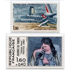 france 1982, très beaux timbres neufs** luxe yvert 2203, aéroport de bale - mulhouse et 2205 journée du timbre, oeuvre de picasso, "femme lisant".