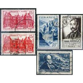 france 1948, beaux timbres yvert 794 journée du timbre, étienne arago, 803 et 804 palais du luxembourg, 805 abbaye de concques, 816 chateaubriand, oblitérés, TBE -