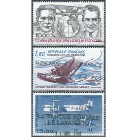france 1981 / 1984, beaux timbres de poste aérienne yvert 55 aviateurs costes et le brix, 56 hydravion laté 300 "la croix du sud", et 57 bimoteur farman F60 goliath, oblitérés, TBE