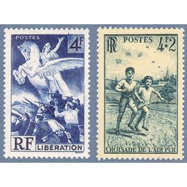 france 1945, très beaux timbres neufs** luxe yvert 669 libération de la france, allégorie par gandon, et 740 au profit de la croisade pour l