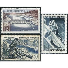 france 1956, réalisations techniques, beaux timbres yvert 1078 barrage de donzère mondragon, 1079 téléphérique de l