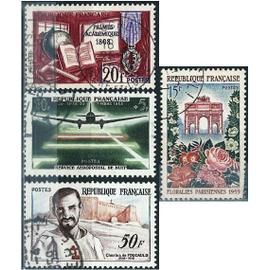 france 1959, beaux timbres yvert 1189 floralies parisiennes, 1190 600 ans des palmes académiques, 1191 charles de foucault et 1196 journée du timbre, service aéropostal de nuit, oblitérés, TBE.