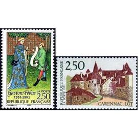 france 1991, très beaux timbres yvert 2705 - vue de carennac, village du lot et 2708 - 6ème centenaire de la mort de gaston fébus.