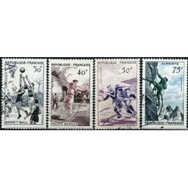france 1956, belle série sportive, timbres yvert 1072 basket-bell, 1073 pelote basque, 1074 rugby et 1075 alpinisme, oblitérés, TBE