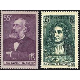 france 1938, très beaux timbres neufs**/* yvert 378 léon gambetta, et 397 jean de la fontaine.