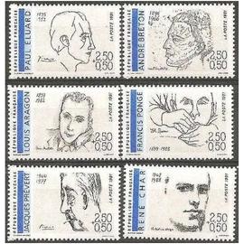 france 1991, très belle série complète poètes français - timbres yvert 2681 eluard, 2682 breton, 2683 aragon, 2684 ponge, 2685 prévert et 2686 rené char, neufs** luxe -