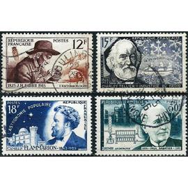 france 1956, belle série inventeurs et chercheurs célèbres, timbres yvert 1055 J.H. fabre, 1056 charles tellier, 1057 camille flammarion et 1058 paul sabatier, oblitérés, TBE.