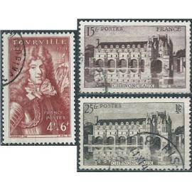 france 1944, beaux timbres yvert 600 300ème anniversaire de la naissance du comte de tourville et 610 et 611 château de chenonceaux.