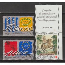 france, 1995, europa, au profit de la croix-rouge, n°2941 + 2942 + 2946a (provenant de carnet), oblitérés.