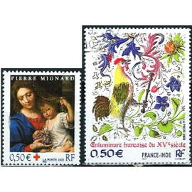 france 2003, beaux timbres yvert 3620 pour la croix rouge, oeuvre de p. mignard, "vierge à la grappe" et 3629 émission commune france inde, enluminure française du 15ème siècle, oblitérés, TBE.