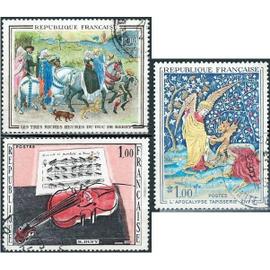 france 1965, belle série art, timbres yvert 1457 "les très riches heures du duc de berry", 1458 tapisserie "l