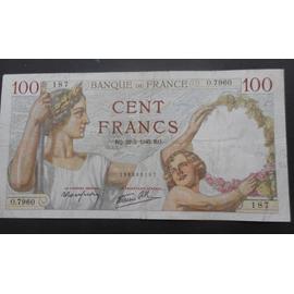 Billet 100 francs Sully 22.2.1940, fayette 26.23, B épinglage, traces plis, 1 microfissure en bas milieu et en haut milieu