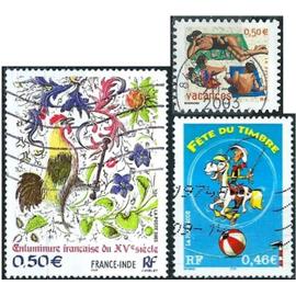 france 2003, beaux timbres yvert 3546 fête du timbre lucky luke, 3578 vacances et 3629 émission commune avec l